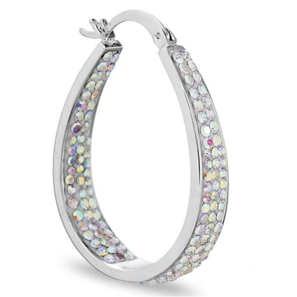 14K White Gold with Aurora Borealis Crystal U Shape French Lock Hoop Earrings - Picture 2 of 5